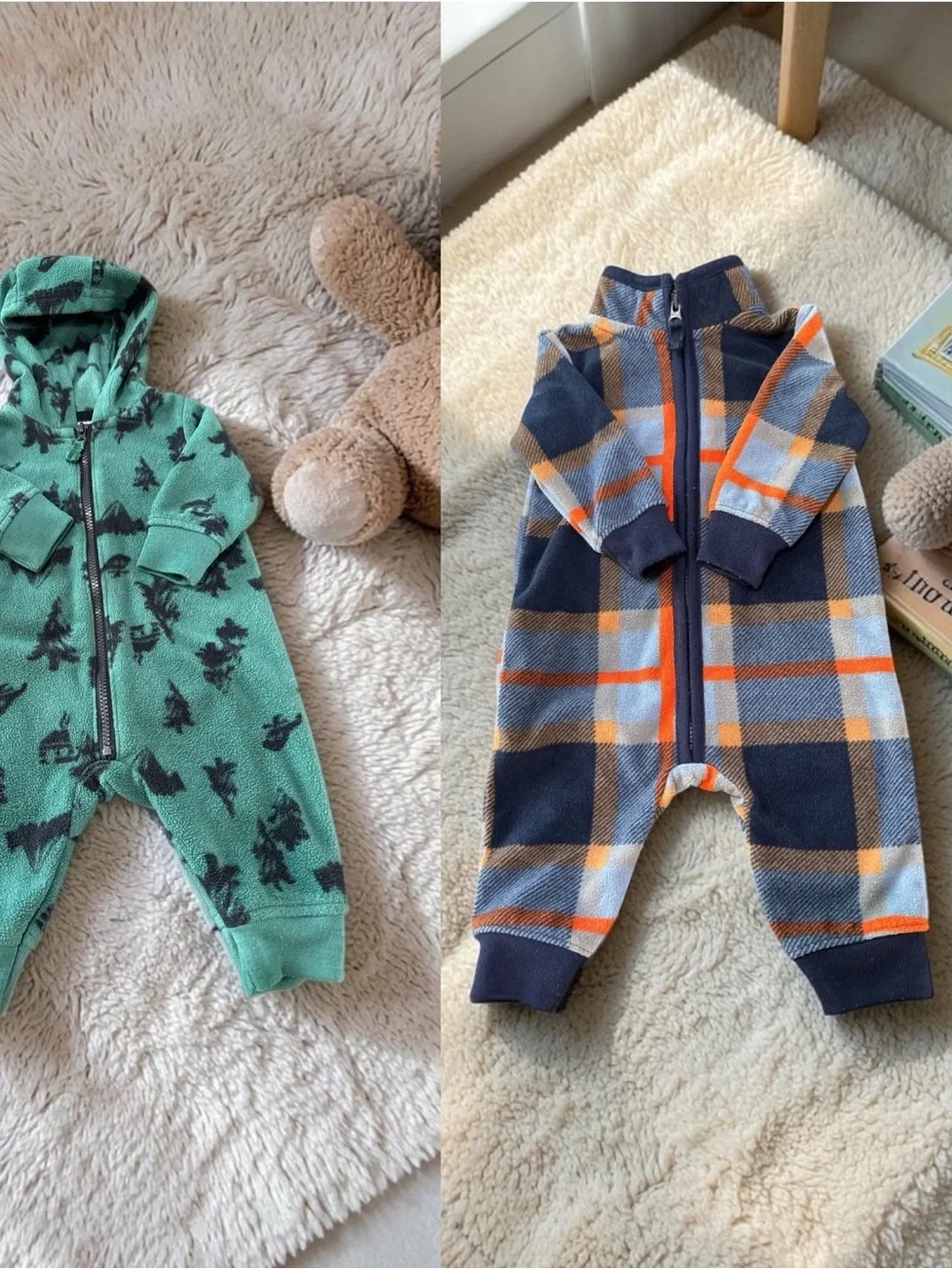 Carter's Baby 2 Pc Set 3M Hooded Forest Print Fleece One-Piece Navy Plaid Bundle